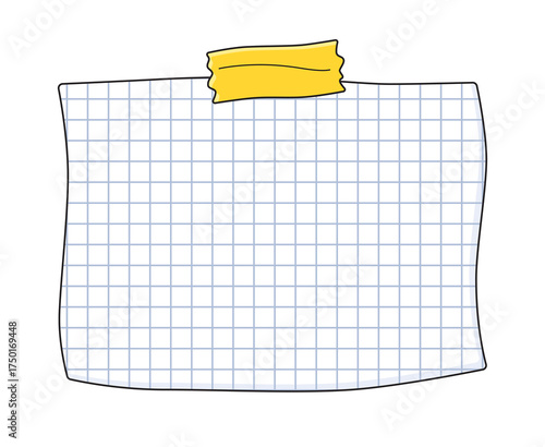 Blank squared graph paper note reminder tacked with yellow adhesive tape illustration isolated vector