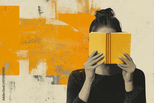 The picture collage showcases a faceless girl reading a literature page with her head cut out; she looks bored and upset, preparing for an exam at the university