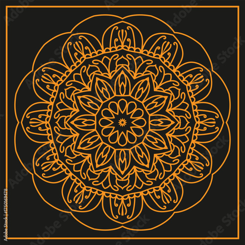 Elaborate orange mandala with petal-like shapes and intricate details on a dark gray background floral