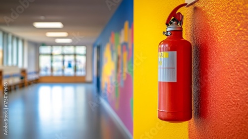 With a red fire extinguisher prominently placed in the foreground, a brightly colored hallway in a school showcases the vibrant and safe environment for learning