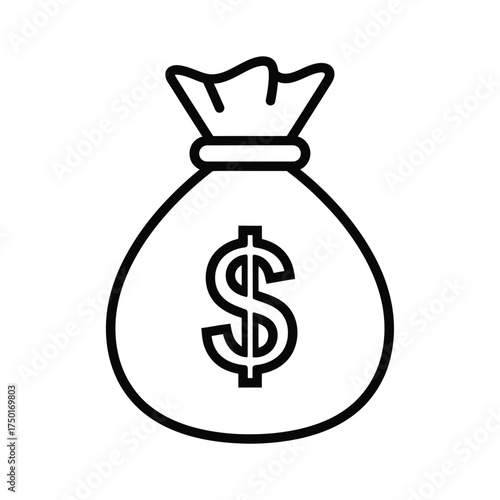 Simple black and white outline of a bag with a dollar sign