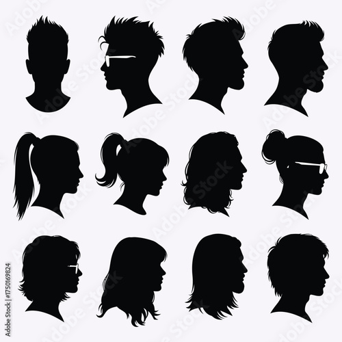 Diverse collection of human head profiles in black and white silhouette