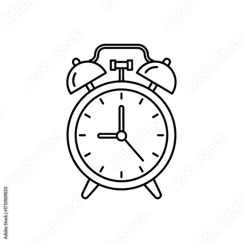 Simple black and white line drawing of a classic alarm clock face