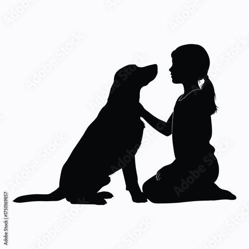 Girl kneeling and interacting with a dog a striking visual silhouette