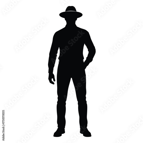 A lone figure wearing a hat and casual clothes a dark silhouette