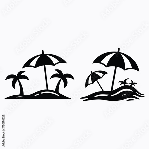 Tropical beach scene with palm trees and beach umbrellas a dark silhouette