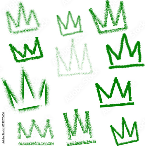 Green crown doodles scattered on a white background, various sizes and styles.