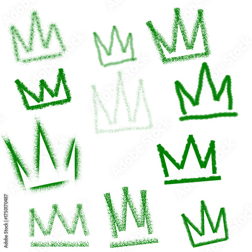 A collection of hand-drawn green crown illustrations scattered across a white background.