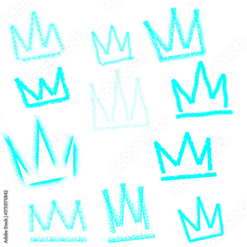 A collection of stylized, hand-drawn crowns in varying sizes and shades of blue, scattered across a white background.