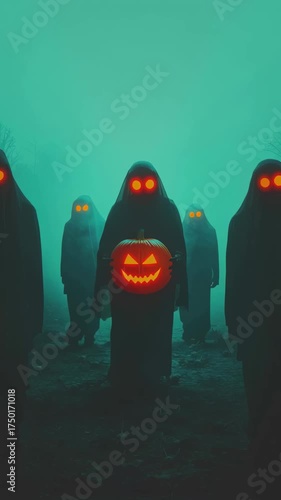 A group of dark ghosts carrying a Halloween pumpkin.