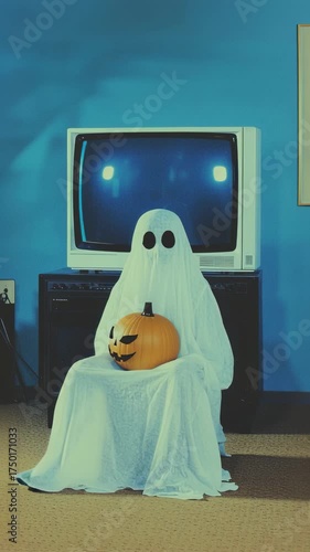 A Halloween ghost holding a pumpkin in front of a glitch TV.