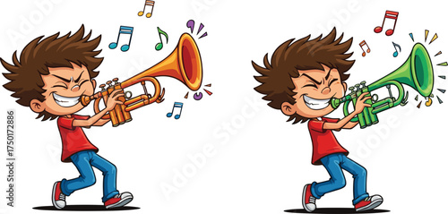 Cartoon boy playing trumpet, musical notes illustration, red shirt, joyful expression, dynamic pose, white background, music-themed character art