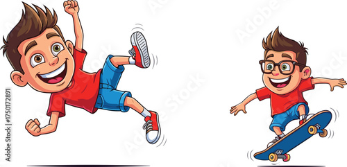 Cartoon boy jumping and skateboarding, playful child illustration, red shirt, dynamic pose, joyful expression, white background, active lifestyle theme