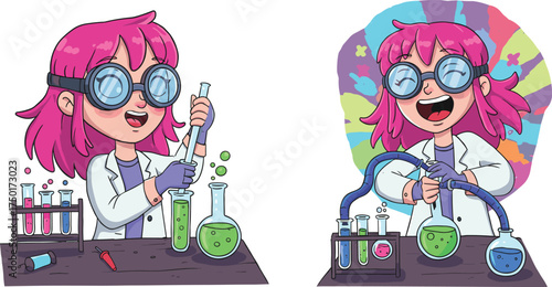 Cartoon scientist girl conducting chemistry experiment, goggles and lab coat, colorful liquids and flasks, white background, educational STEM illustration