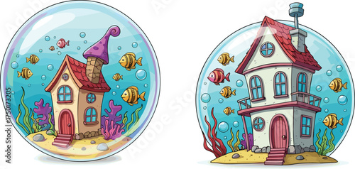 Underwater dome cartoon houses, whimsical marine architecture, coral reef setting, fish and seaweed, fantasy theme, white background, ocean habitat