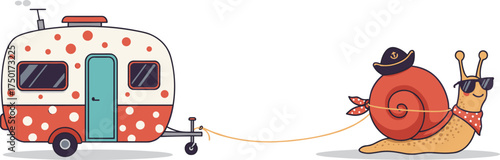 Cartoon snail pulling camper trailer, sunglasses and hat, red polka dots, travel theme, white background, whimsical adventure illustration