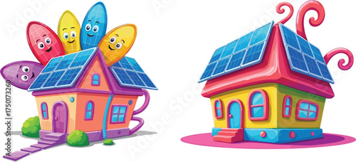 Whimsical solar-powered cartoon houses, colorful architecture, surfboard roof characters, curly rooftop design, playful eco theme, white background, fantasy buildings