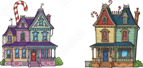 Whimsical Victorian houses cartoon, candy cane rooftops, fantasy architecture, colorful buildings, playful theme, ornate details, white background, festive design