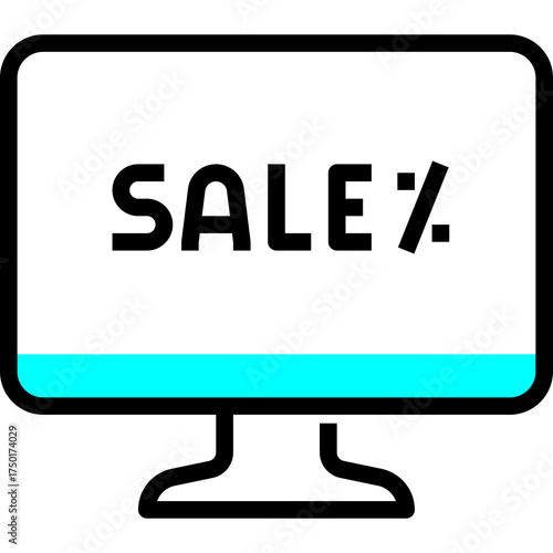 Bold Sale Message Displayed on a Computer Monitor Screen with Cyan Accent Stripe and Black Outline on a Transparent Background