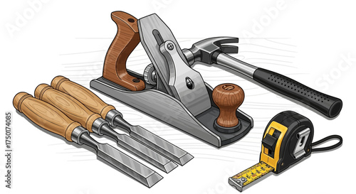 Flat design vector illustration of woodworking tools set
