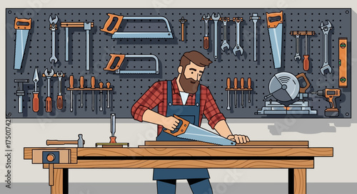 Flat vector of woodworker working on workbench