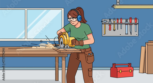 Flat style vector of female carpenter cutting wood