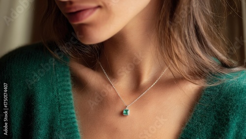 Close up of a woman wearing a white gold necklace with a square emerald pendant, perfect for jewelry advertising, fashion, luxury branding, and elegant product presentations.
