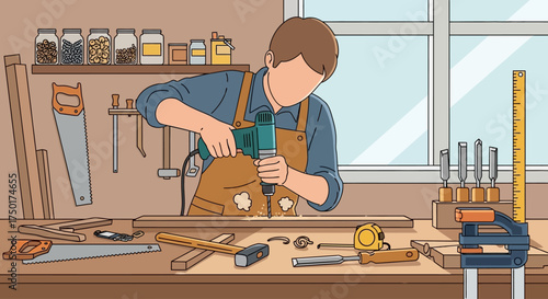 Flat vector of woodworker working on workbench