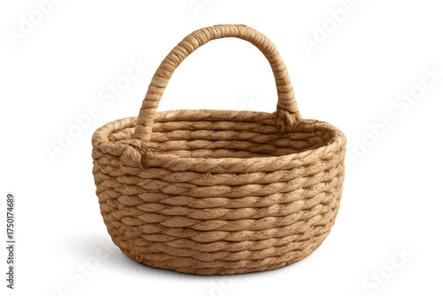 Empty natural rope basket with handle on transparent background