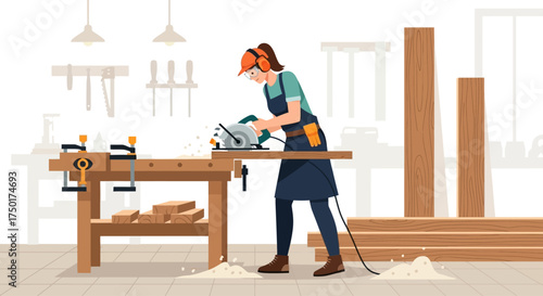 Flat style vector of female carpenter cutting wood