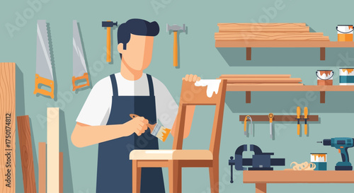 Flat vector of woodworker working on workbench