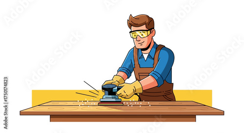 Flat vector of woodworker working on workbench
