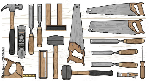 Flat design vector illustration of woodworking tools set