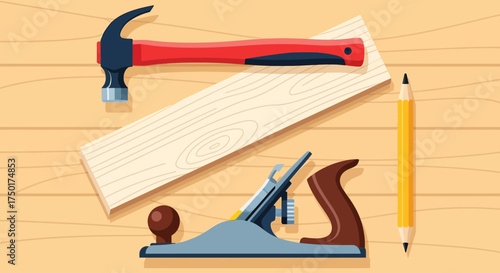 Flat design vector illustration of woodworking tools set