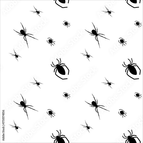Black spiders crawling on a white background in a playful and artistic pattern design