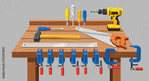 Flat design vector illustration of woodworking tools set