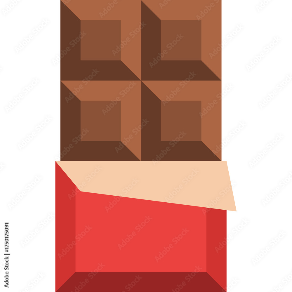 Obraz premium Brown Chocolate Bar Unwrapped in Red Packaging with Open Flap on Transparent Background Simple Flat Icon Illustration
