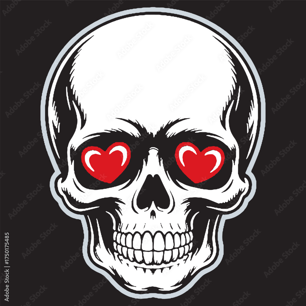 Obraz premium Black and White Halloween Skull with Red Heart Eyes on Dark Background – Edgy Pop Art Design