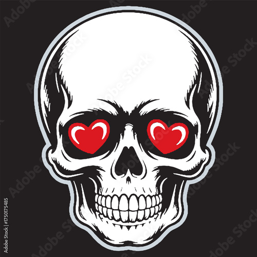 Black and White Halloween Skull with Red Heart Eyes on Dark Background – Edgy Pop Art Design