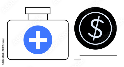 Medical kit with blue cross alongside a black coin featuring a dollar sign. Ideal for healthcare investment, financial support, medical insurance, budgeting, funding, economic policy, simple flat
