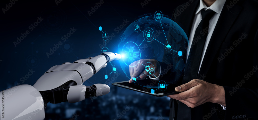 Fototapeta premium AI powers intelligent networks by linking data, enhancing real-time analytics, securing communication, and improving system efficiency and automation. Vouch