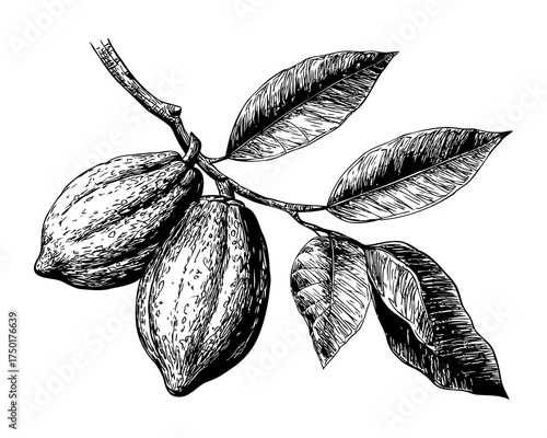 Detailed Botanical Illustration of Cocoa Beans with Leaves on a Branch in Vintage Monochrome Style
