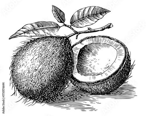 Detailed Botanical Illustration of Whole and Cross-Sectioned Coconut with Leaves on a Branch