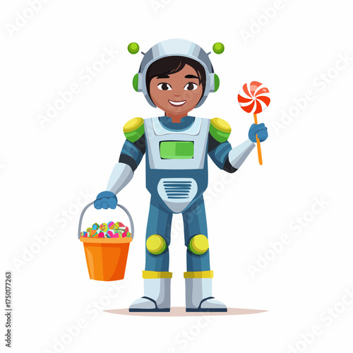 A smiling child in a futuristic spacesuit holding candy and a lollipop.
