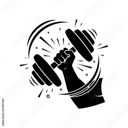 Gym equipment vector art of hand holding dumbbell with burst