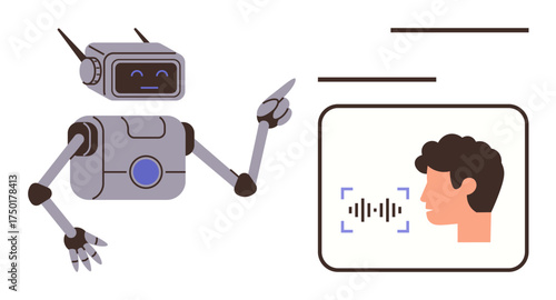 Robot pointing toward a digital interface with a human profile and sound wave visualization. Ideal for AI, machine learning, voice command, automation, human-robot interaction, technology, simple