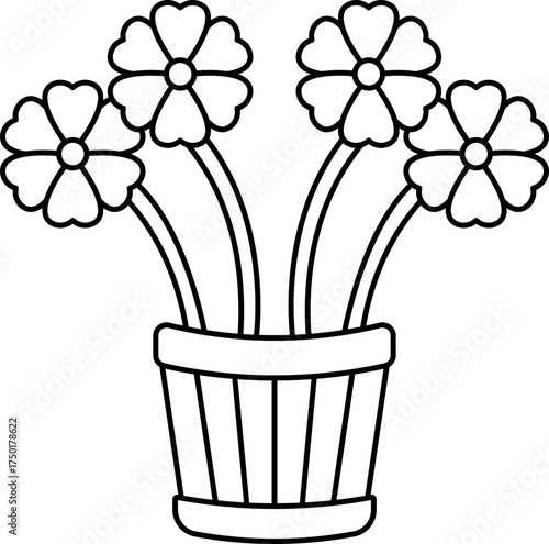 Flower Pot with Blooming Flowers Outline Illustration