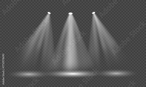 Triple spotlight vector design with transparent background, realistic light beam illustration for stage, presentation, or product display concept