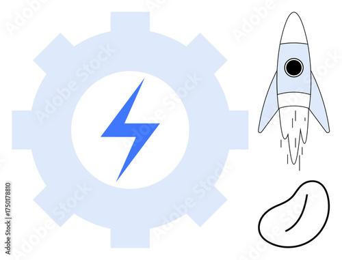 Gear with energy bolt symbolizing innovation, rocket launching for progress, and sprouting seed for growth. Ideal for technology, innovation, startup, progress, energy growth success. Simple flat