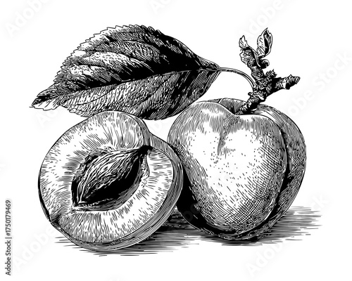 Vintage Hand-Drawn Illustration of Ripe Apricot and Peach with Leaf in Black and White Sketch Style